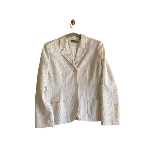 Kate Hill women’s two piece seersucker pink and white striped suit size 8P ￼